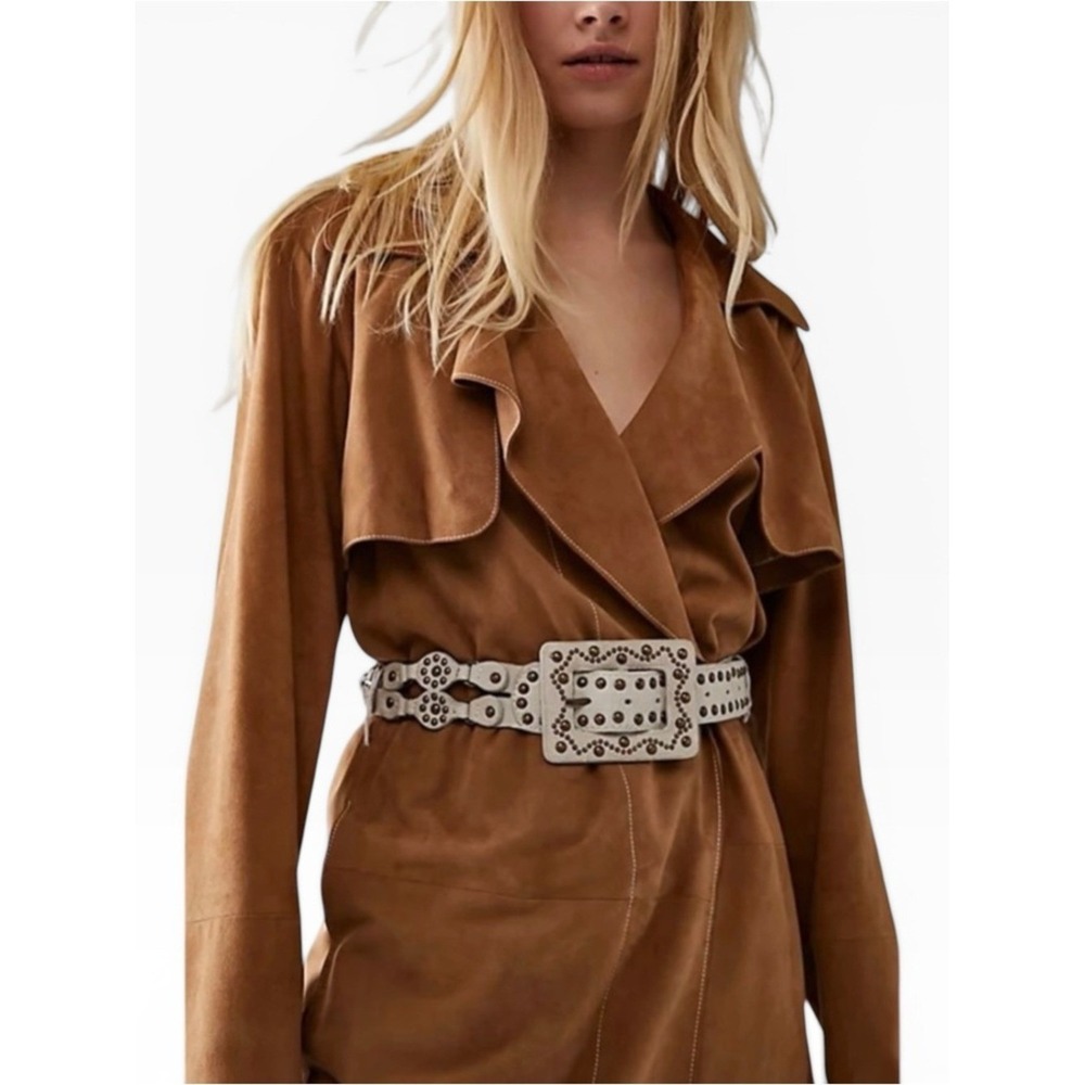 Free People Brenda Night Natural Lambskin Suede Camel Trench Coat $798